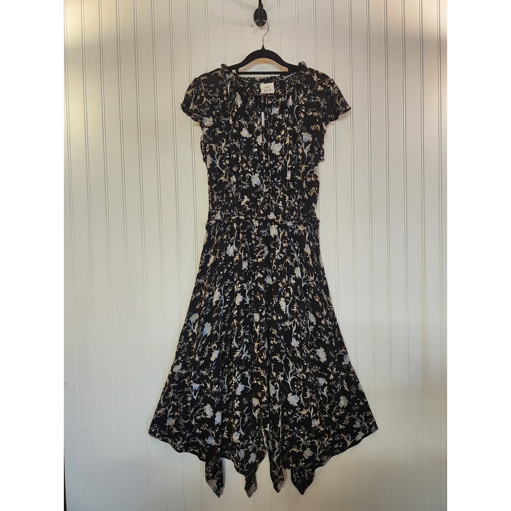Knox Rose Black Floral Handkerchief Hem Midi Dress Smocked Waist Womens Boho M‎